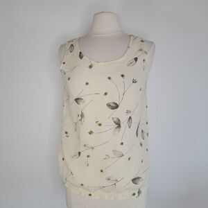 AMANDA GRAY Butter Yellow Sleeveless Top Size S Floral Leaf Neutral Lightweight